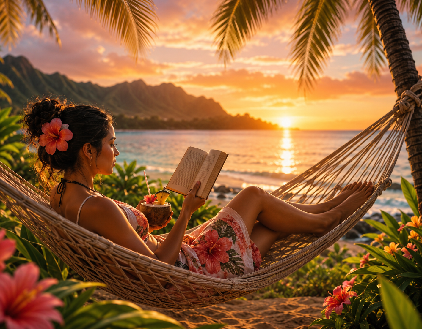 Woman relaxing in a tropical Hawaiian hammock while reading a book and enjoying a tropical drink