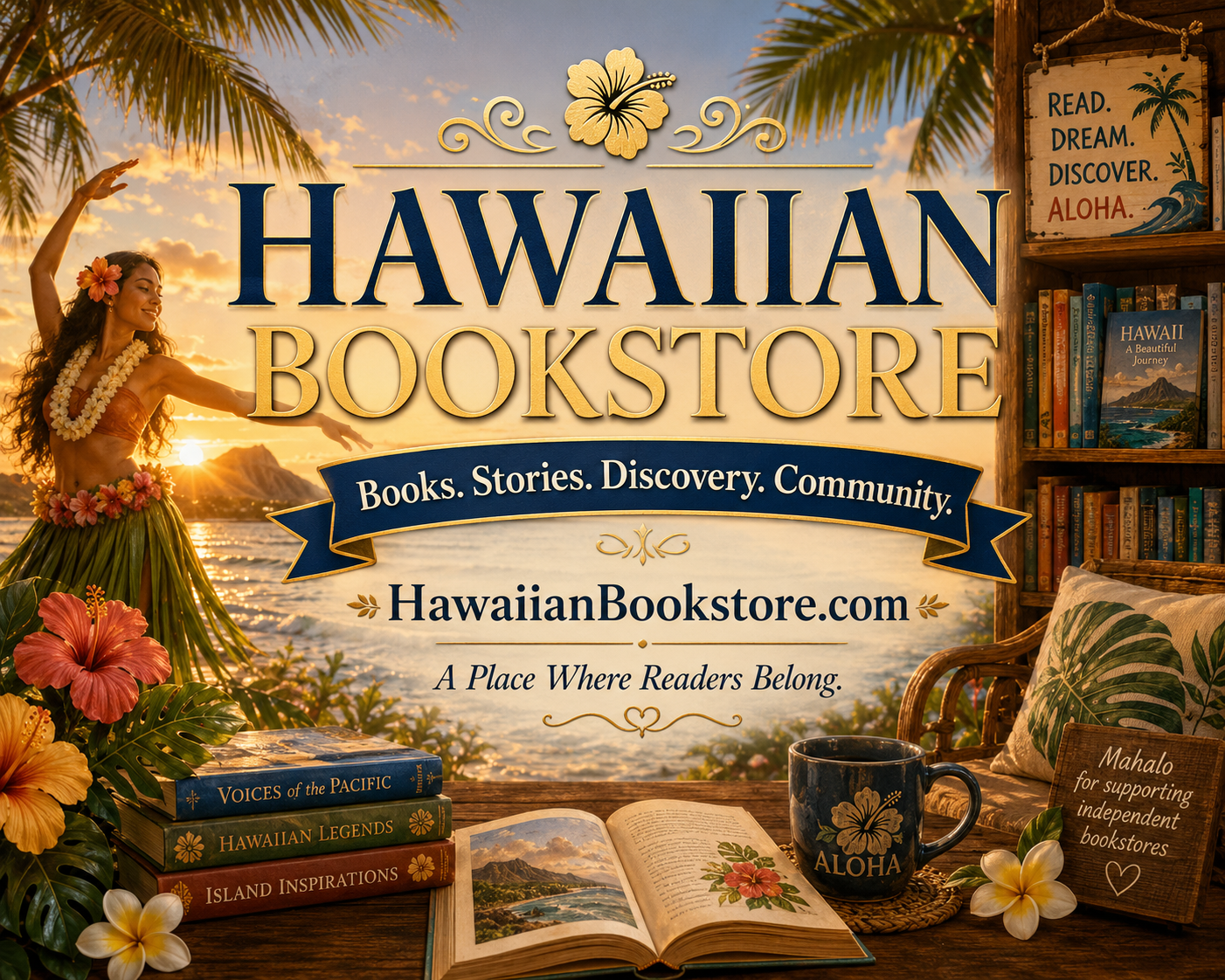 Hawaiian Bookstore banner with ocean sunset, hula dancer, tropical flowers, books, and reading nook